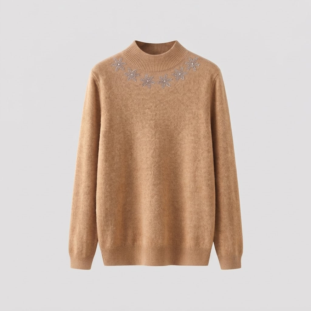 Damen Feinstrick-Mockneckpullover mit funkelnder Blüten-Strassapplikation Drune