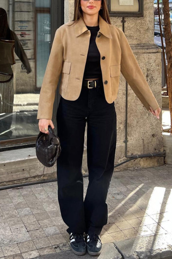 Drune | Knopfverschluss Pocket Faux Suede Crop Jacke