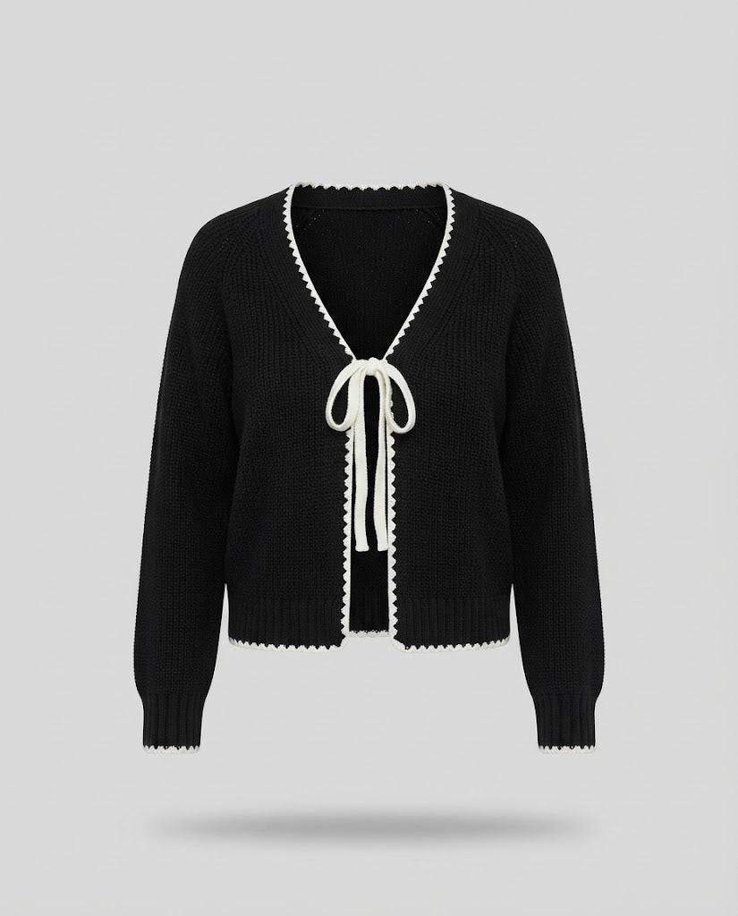 Damen Kurzcardigan im Boxy‑Schnitt mit Häkelkante und Zierschleife Drune