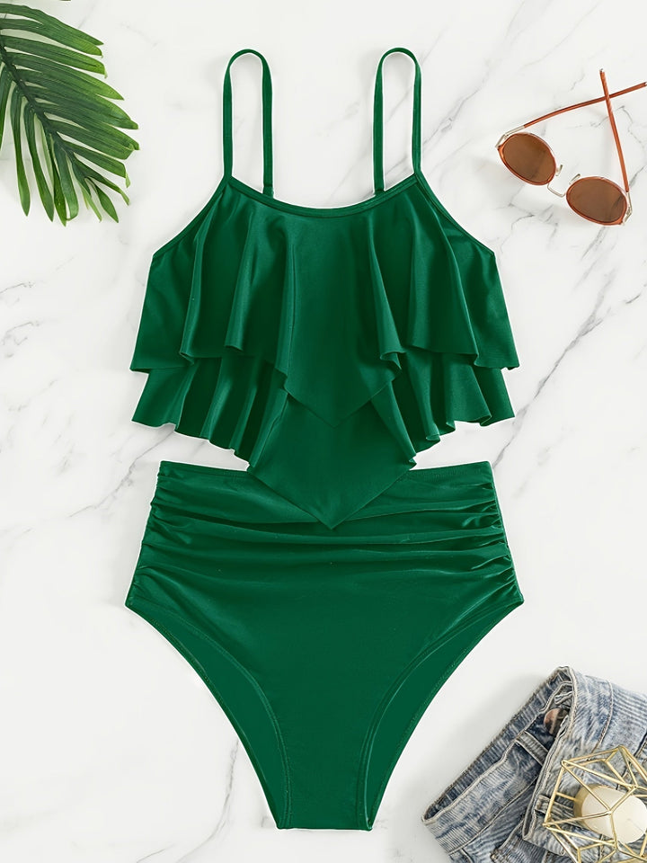 Drune | Raffung, Geschichtete Zweiteiliges Schwarzes Tankini für Damen