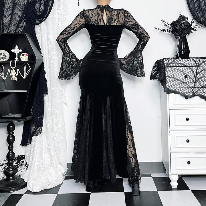Drune | Elegantes, durchsichtiges, schmal geschnittenes Kleid aus dunkler Spitze