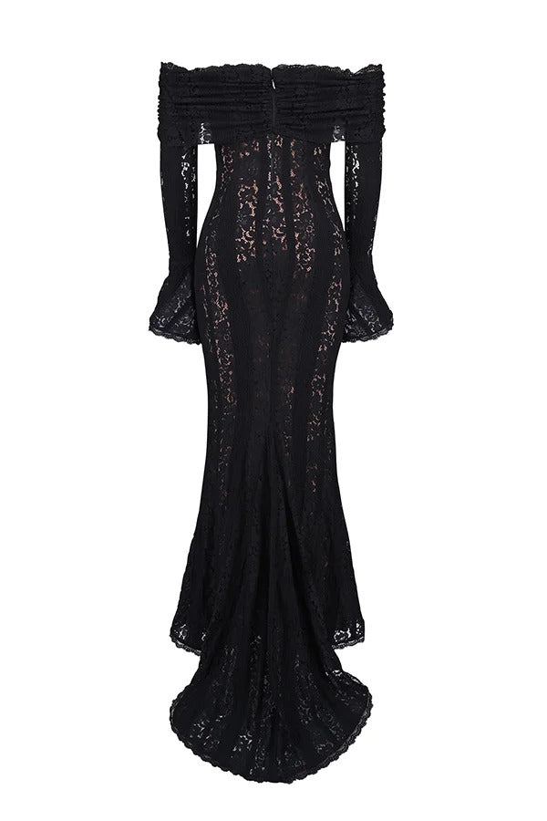 Drune | Blumen Spitze Off Shoulder Flare Ärmel Fishtail Maxi Kleider - Weiß