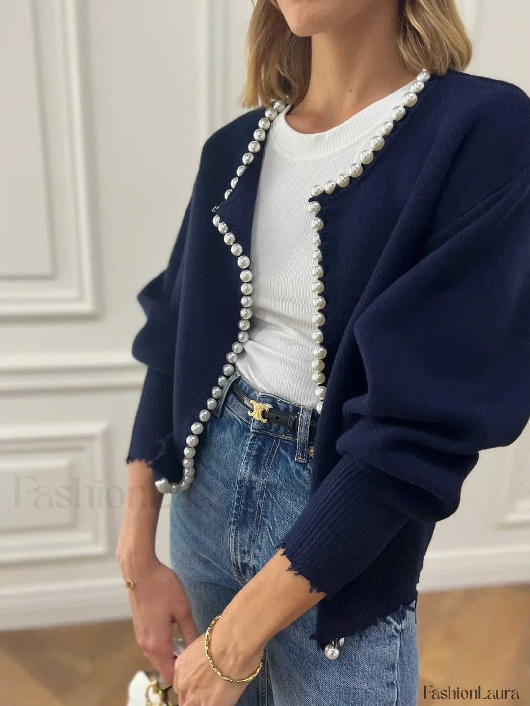 Drune | Knit cardigan with pearl embellishments and frayed hem