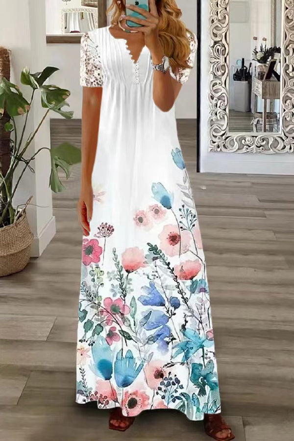 Drune | Boho Floral V-Ausschnitt Knopf Spitzenärmel Ferien Strand Maxikleid