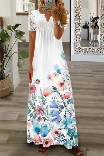 Drune | Boho Floral V-Ausschnitt Knopf Spitzenärmel Ferien Strand Maxikleid