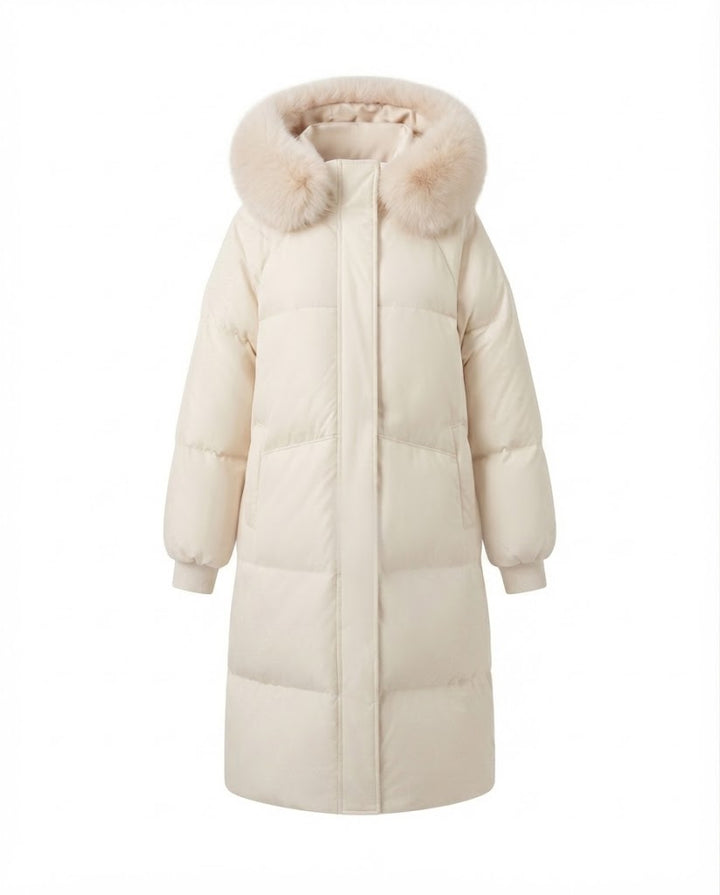 Damen längerer gesteppter Wintermantel mit extra voluminösem Teddykragen und winddichter thermischer Füllung