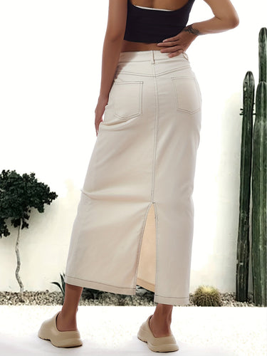 Drune | Einfarbiger Weißer Schlitz Hinten Lässig Maxi Denim Rock