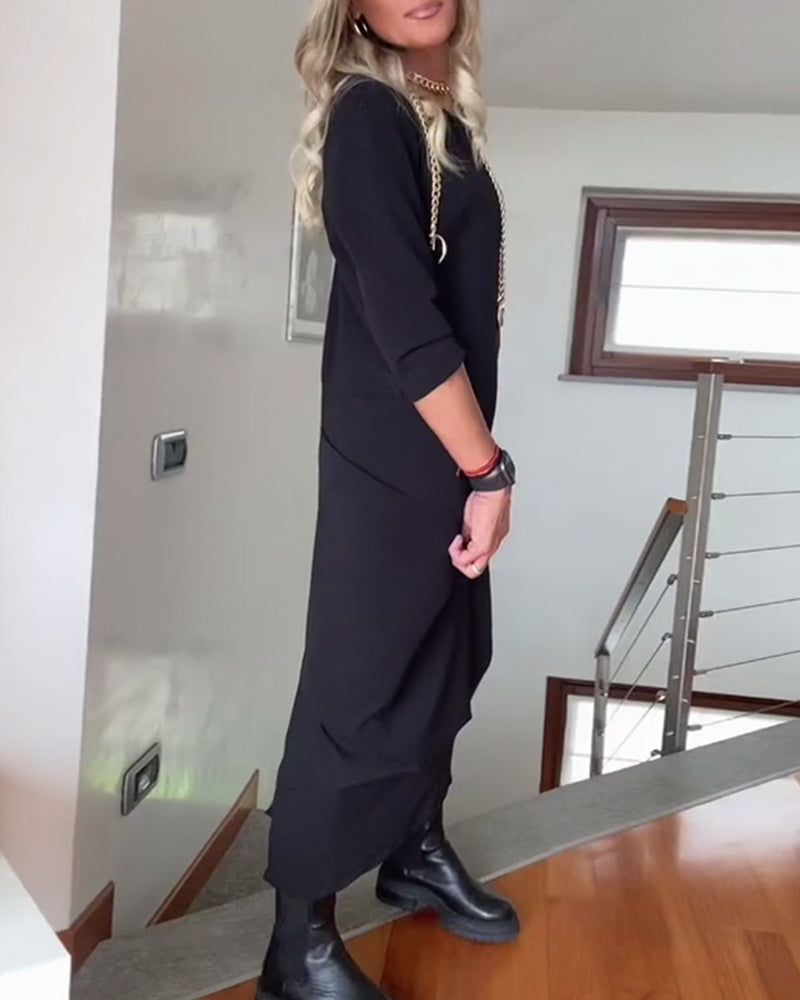 Drune | Elegantes Plissiertes Kleid in Volltonfarbe mit Rundhalsausschnitt