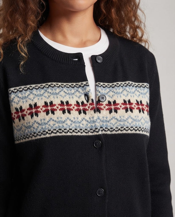 Damen Cardigan mit horizontaler Intarsien‑Bordüre, Rundhals und Knopfleiste Drune
