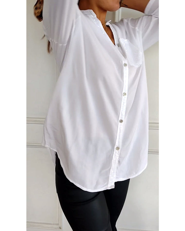 Drune - Schicke Bluse mit Knopfleiste und Paillettenbesatz für Damen | Elegante Langarmbluse mit Paillettentasche