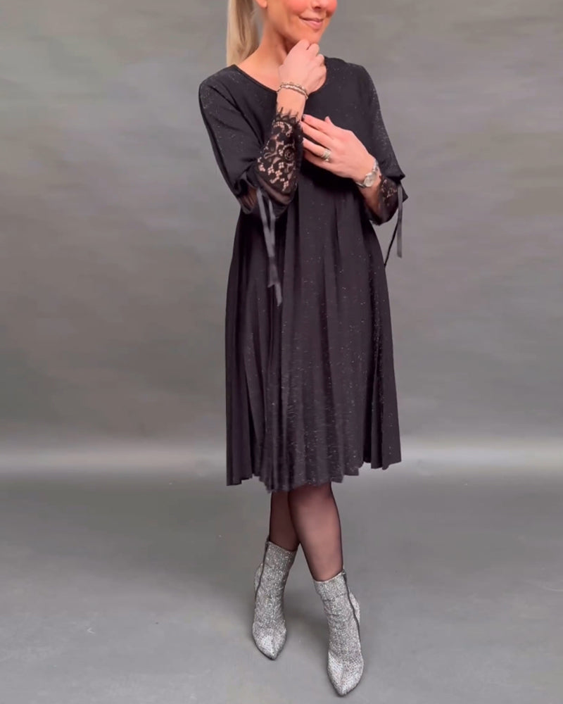 Drune | Einfarbiges Plissiertes Patchwork Spitzenkleid