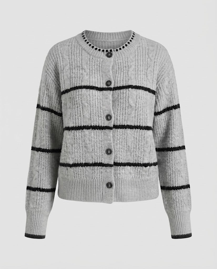 Damen Grobgestrickte Knopf-Cardigan mit Streifenstruktur und Rundhalsausschnitt Drune