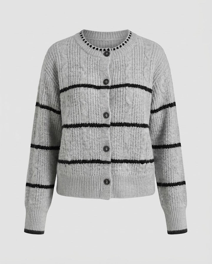 Damen Grobgestrickte Knopf-Cardigan mit Streifenstruktur und Rundhalsausschnitt Drune