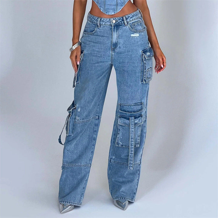 Drune | Denim-Anzüge Sommer Sexy Rückenausschnitt Tube Top und Mehrfach-Taschen Gerade Hosen Mode Lange Hosen Anzug Damenbekleidung