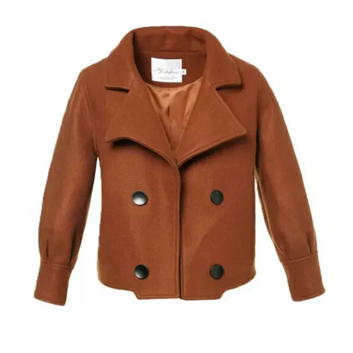 Drune | Damen Kurzjacke mit Reverskragen – Zweireihiger Woll-Look Blazer für Herbst & Alltag