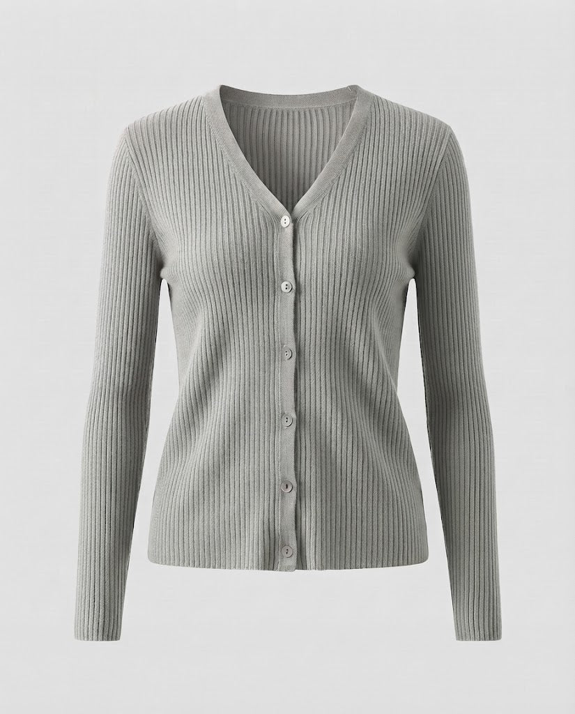 Damen Feiner gerippter V‑Neck-Cardigan aus Kaschmir‑Optik mit stretchiger Rippstruktur und Perlmuttknöpfen Drune