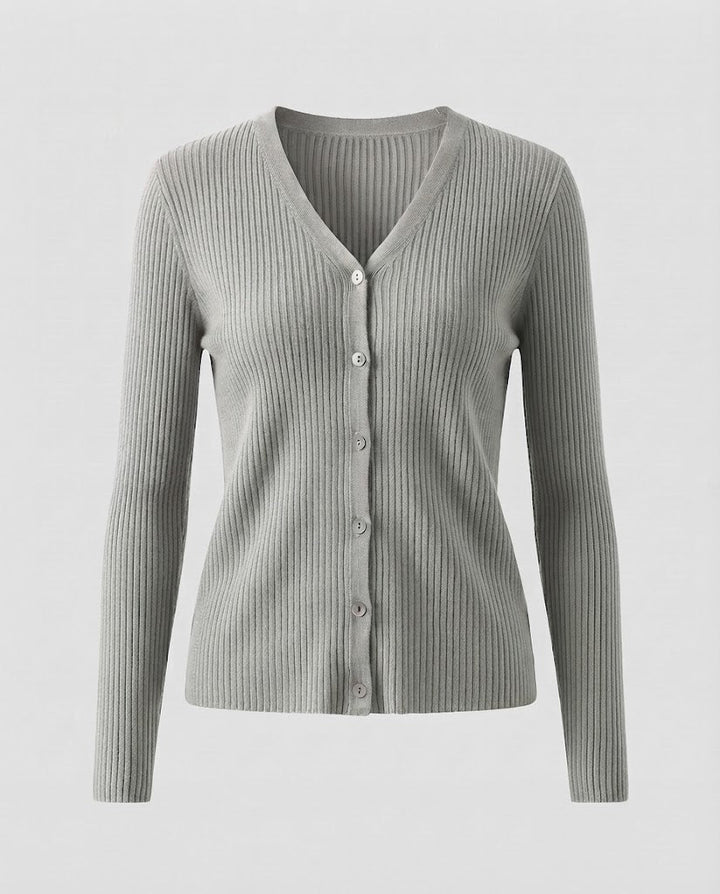 Damen Feiner gerippter V‑Neck-Cardigan aus Kaschmir‑Optik mit stretchiger Rippstruktur und Perlmuttknöpfen Drune