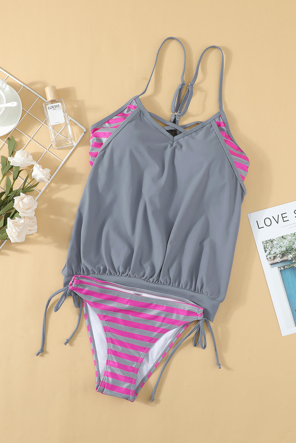 Drune | Kreuzschraffiertes Spaghetti-Trägertop Tankini Set
