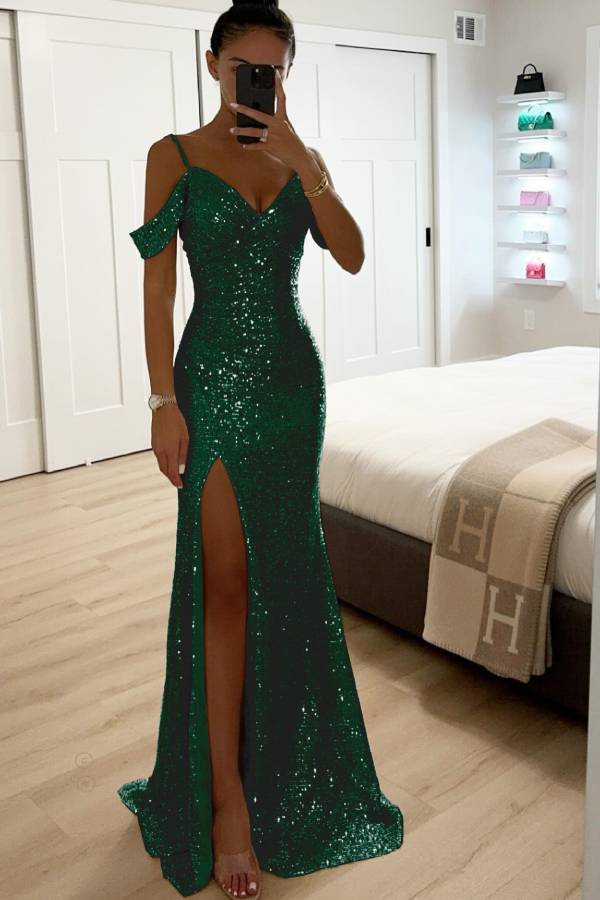Drune | Paillettenspitze Meerjungfrau Abschlussballkleider mit Schlitz Off-Shoulder Abendkleid