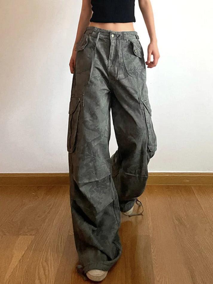 Drune | Camo Print Raffung Multitaschen Bundfuß Cargo Jeans