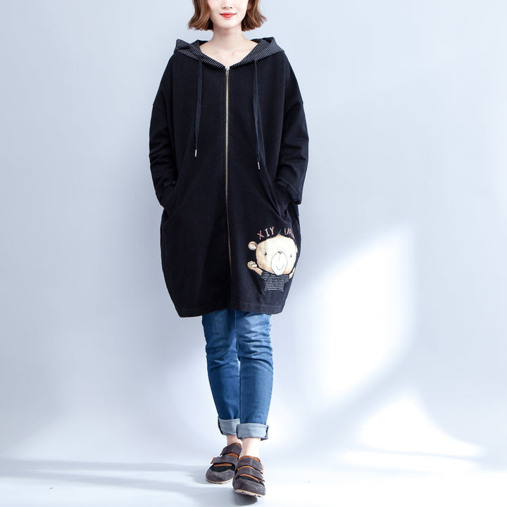 Drune | Drucke schwarze Baumwolle Trenchcoats Plus-Size lässige dicke Passform Cardigans Outerwear