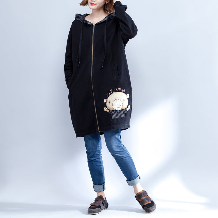 Drune | Drucke schwarze Baumwolle Trenchcoats Plus-Size lässige dicke Passform Cardigans Outerwear