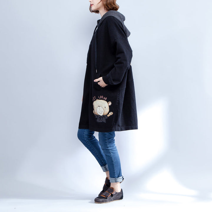Drune | Drucke schwarze Baumwolle Trenchcoats Plus-Size lässige dicke Passform Cardigans Outerwear