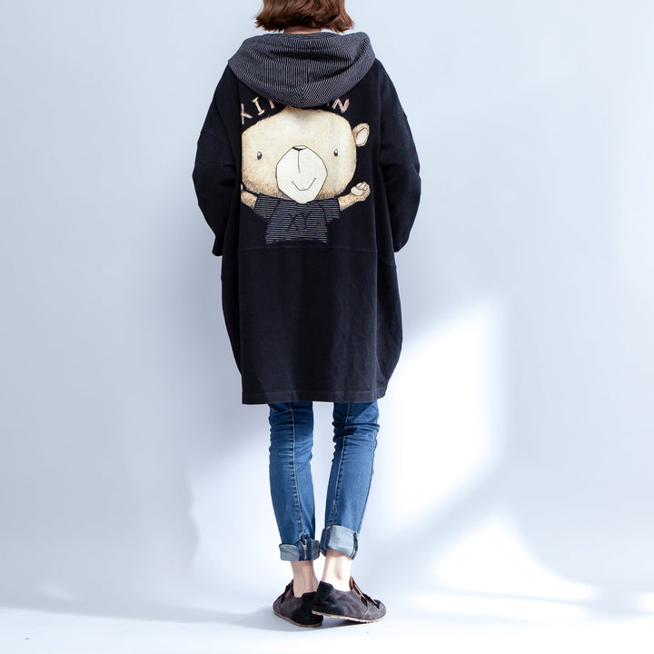Drune | Drucke schwarze Baumwolle Trenchcoats Plus-Size lässige dicke Passform Cardigans Outerwear