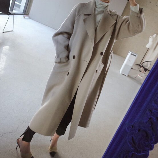 Drune | Wolle-Mischung Mantel - Weiches Beige - Gürteltuch Stil - Winternotwendigkeit
