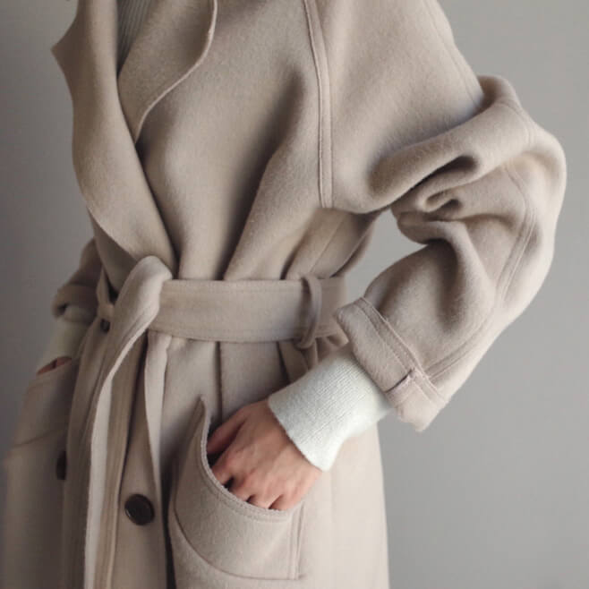Drune | Wolle-Mischung Mantel - Weiches Beige - Gürteltuch Stil - Winternotwendigkeit