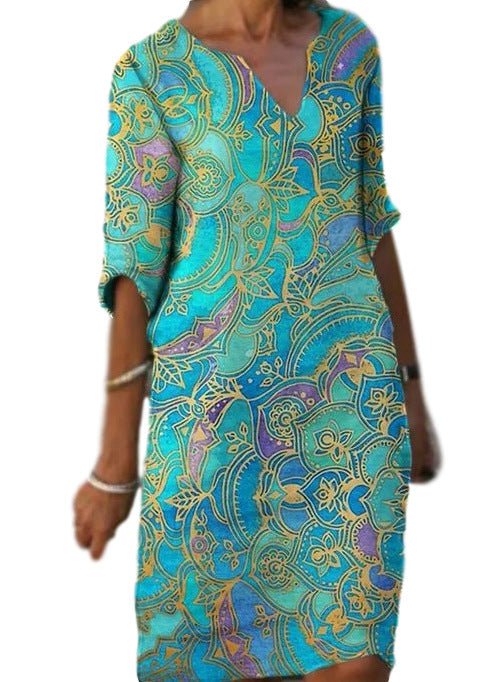 Drune | Lässiges Farbenfrohes Paisley-Inspiriertes Kleid mit Dreiviertelärmeln und V-Ausschnitt