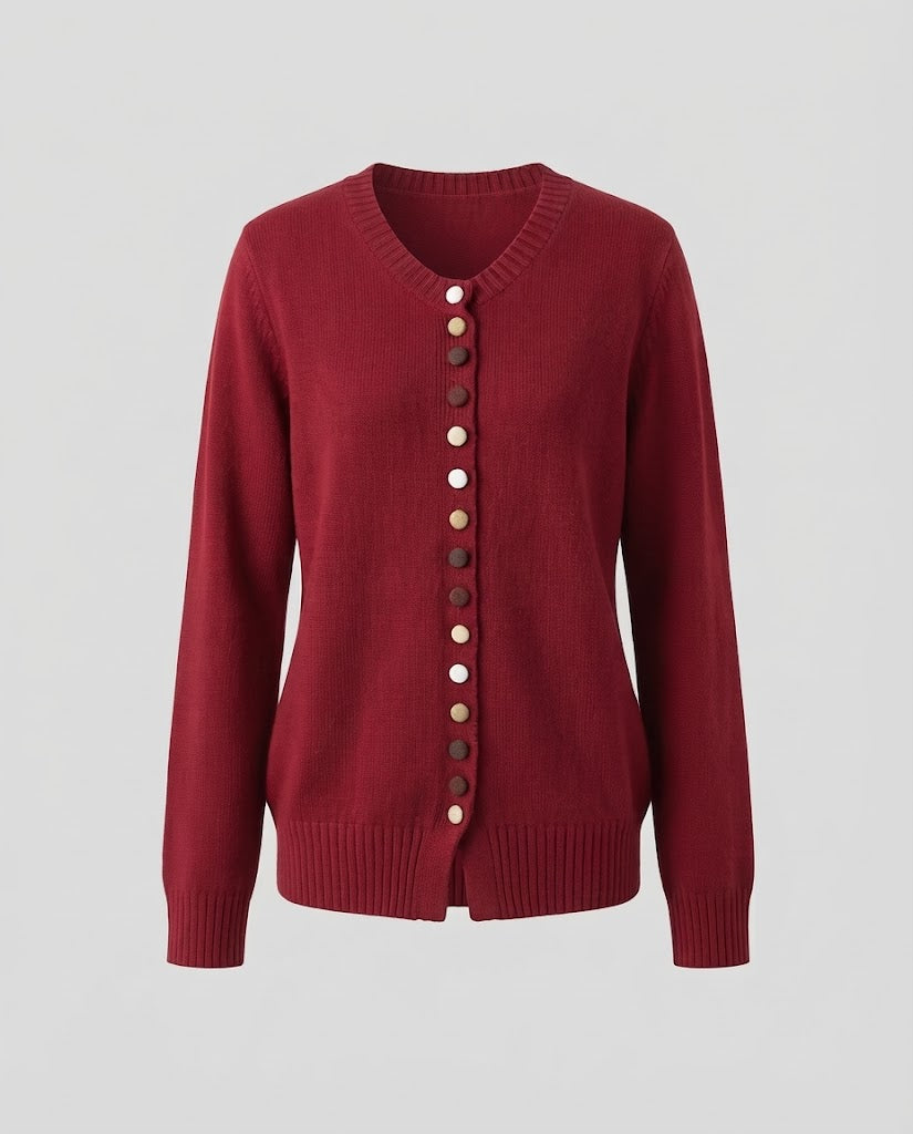Damen Feiner V-Ausschnitt-Cardigan mit mehrfarbigen Zierknöpfen und geripptem Saum Drune
