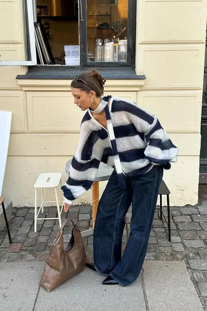 Drune | Striped V-neck loose knitted cardigan