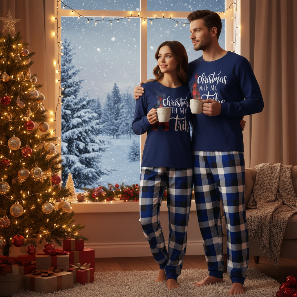 Drune | "Weihnachten Mit Meinem Stamm" Muster Blau Lange Ärmel mit Blau-Weißen-Schwarzen Karo-Hosen Paar Passende Schlafanzüge
