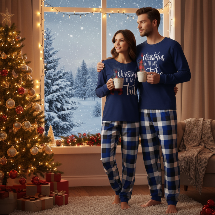 Drune | "Weihnachten Mit Meinem Stamm" Muster Blau Lange Ärmel mit Blau-Weißen-Schwarzen Karo-Hosen Paar Passende Schlafanzüge