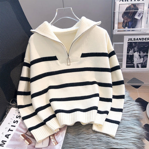 Drune | Modischer locker sitzender gestreifter Cashmere-Pullover mit Reißverschluss ideal für den Winter