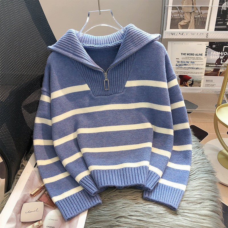 Drune | Modischer locker sitzender gestreifter Cashmere-Pullover mit Reißverschluss ideal für den Winter
