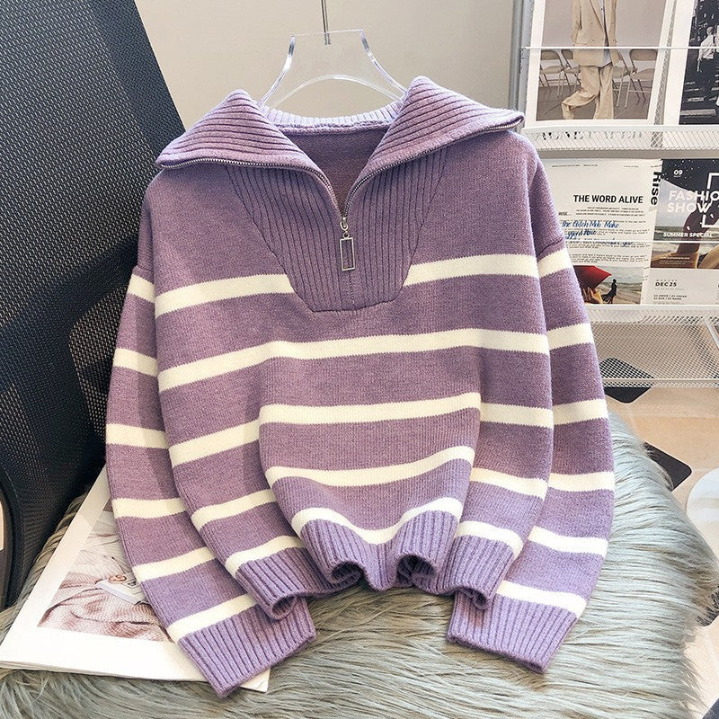 Drune | Modischer locker sitzender gestreifter Cashmere-Pullover mit Reißverschluss ideal für den Winter