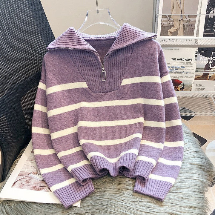 Drune | Modischer locker sitzender gestreifter Cashmere-Pullover mit Reißverschluss ideal für den Winter