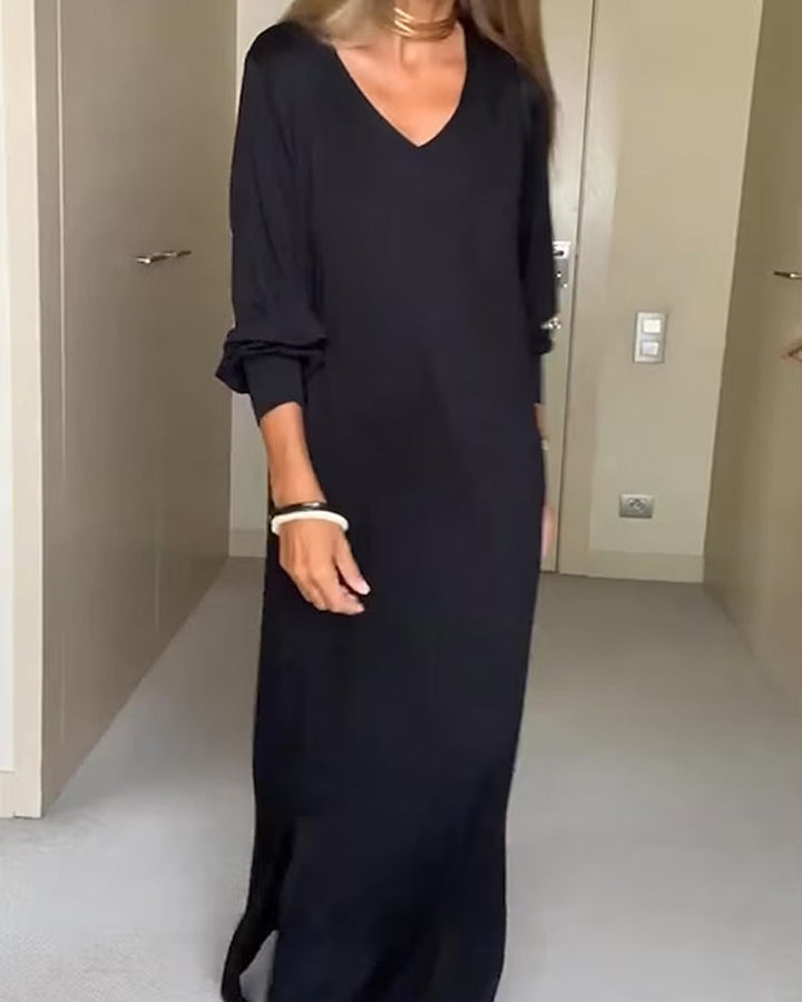 Drune | Lässiges Einfarbiges Kleid mit V-Ausschnitt