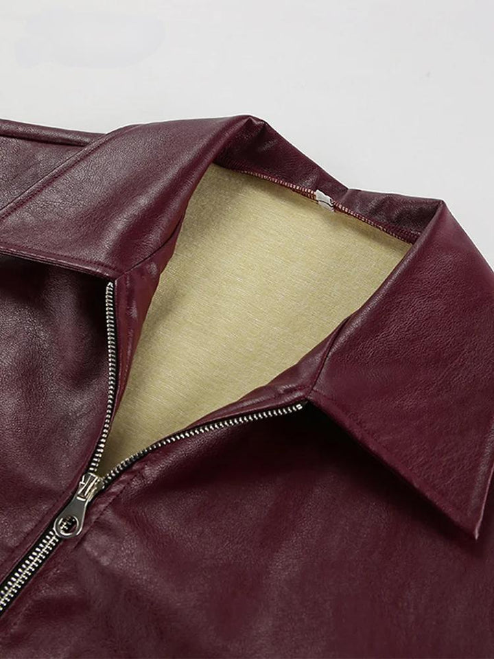 Drune | Bordeaux red faux leather jacket with stylish lapel collar and zipper detail