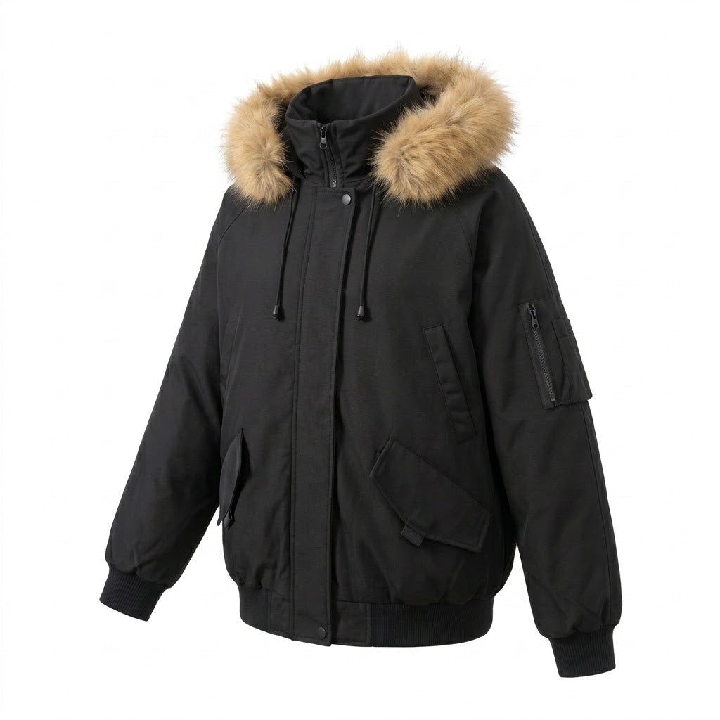 Damen kurze thermisch isolierte Kapuzenparka im boxy Schnitt mit abnehmbarem Kunstfellbesatz und multifunktionalen Taschen