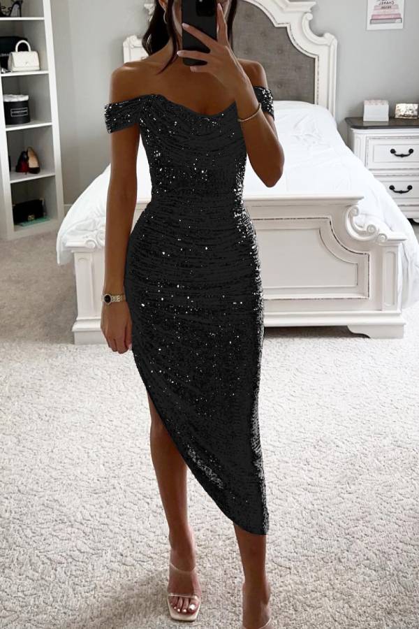 Drune | Schalkragen-Pailletten-Midi-Kleid