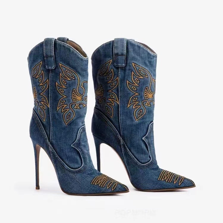 Drune | Damenmode Western Denim Stil High Heels Stiefel