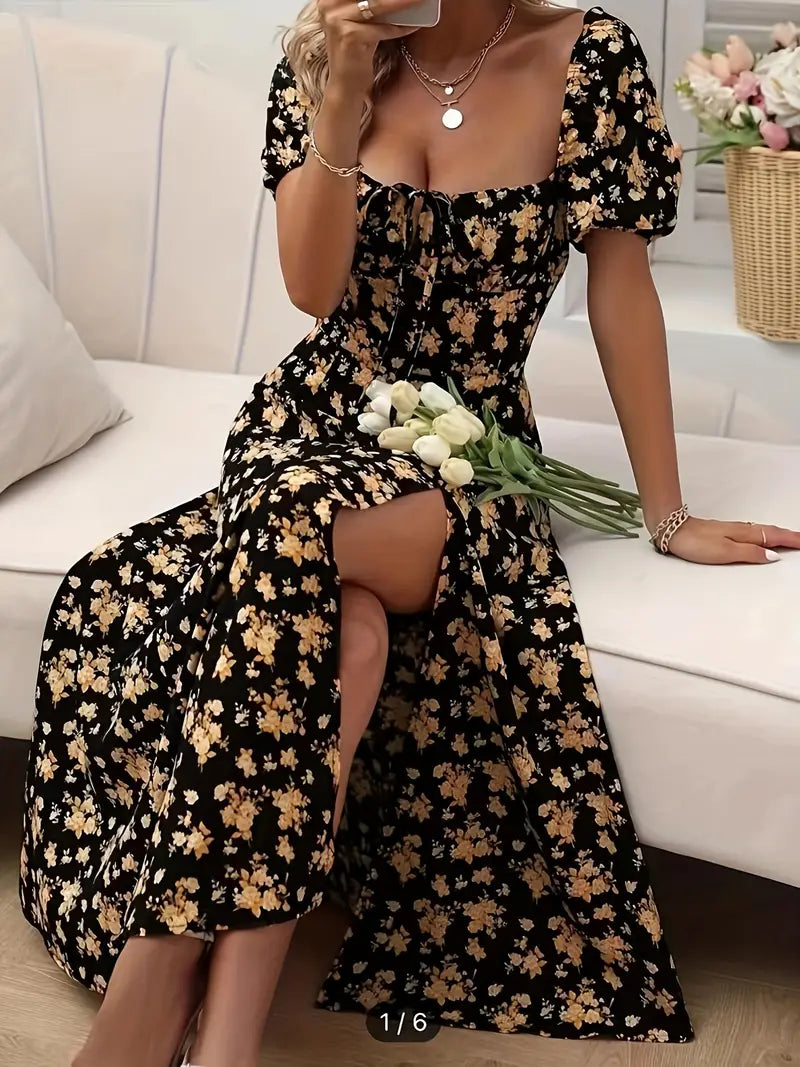 Drune | Schickes Kleid mit Puffärmeln Im A-Linien-Stil mit Blumendruck