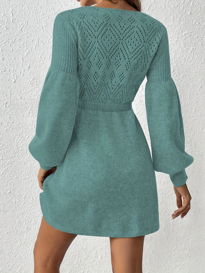 Drune | Lochstickerei Solide Farbe Strick Laternen Ärmel A-Linie Geraffte Taille Formelles Kleid Für Frauen - Ideal für formelle Anlässe