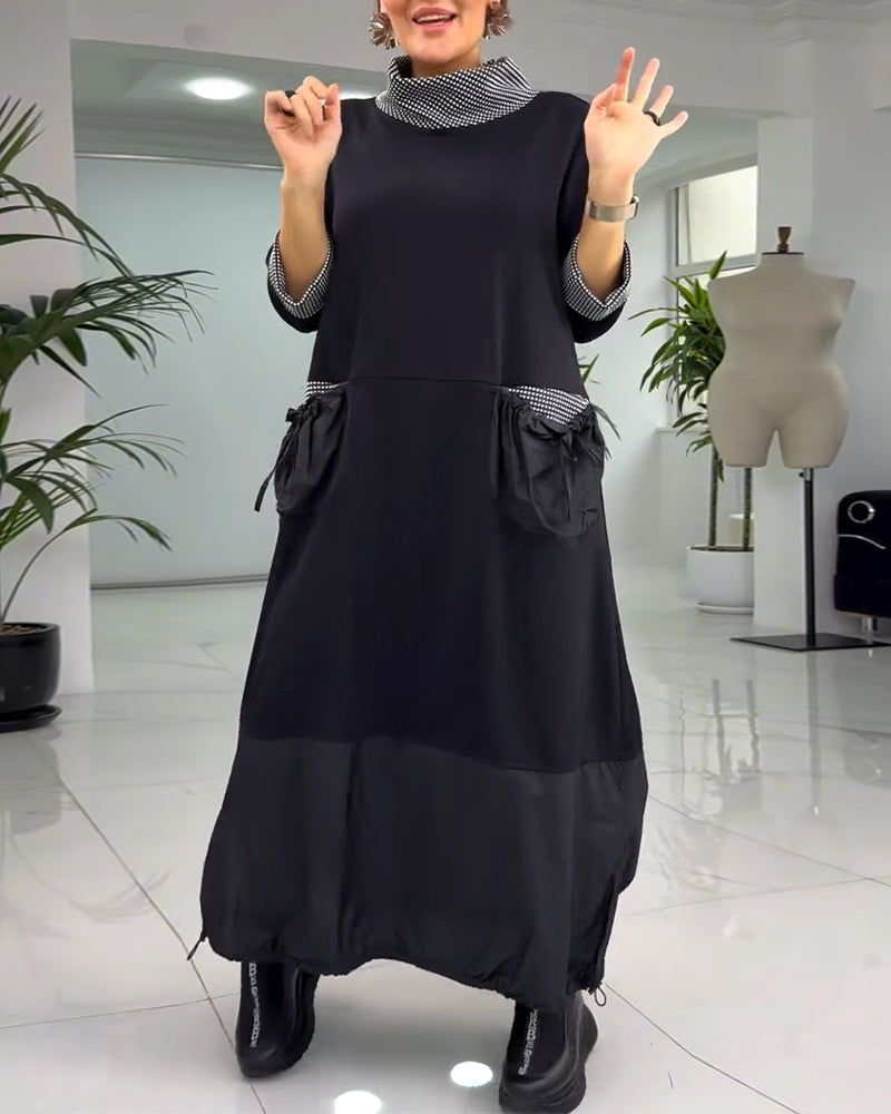 Drune | Kariertes Patchworkkleid mit Hohem Kragen und Tasche