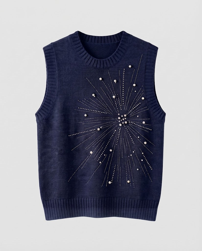 Damen Ärmellose Feinstrickweste mit Perlen- und Strass-Sonnenmotiv Drune