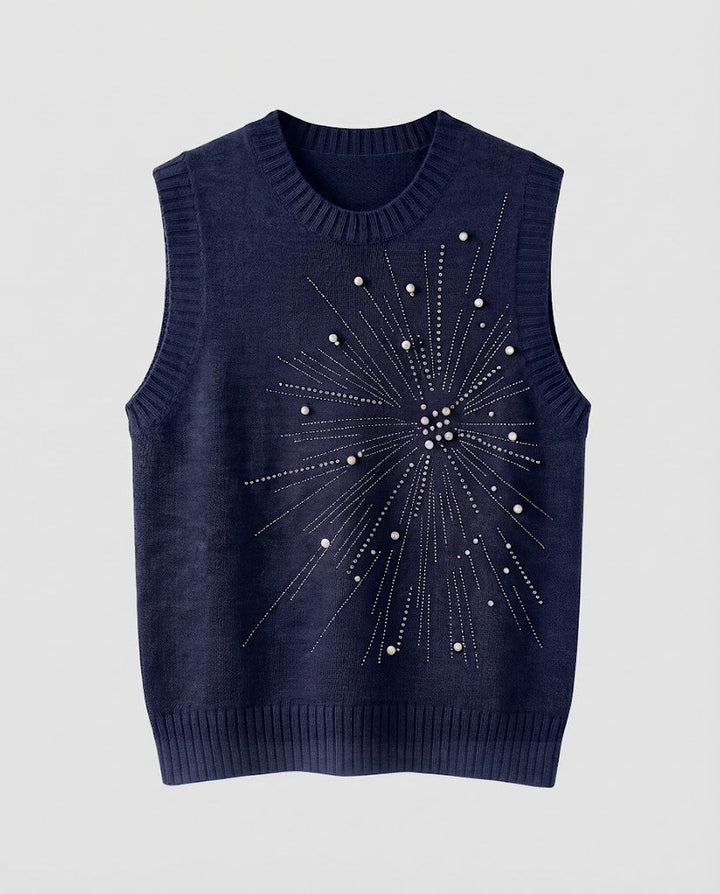 Damen Ärmellose Feinstrickweste mit Perlen- und Strass-Sonnenmotiv Drune