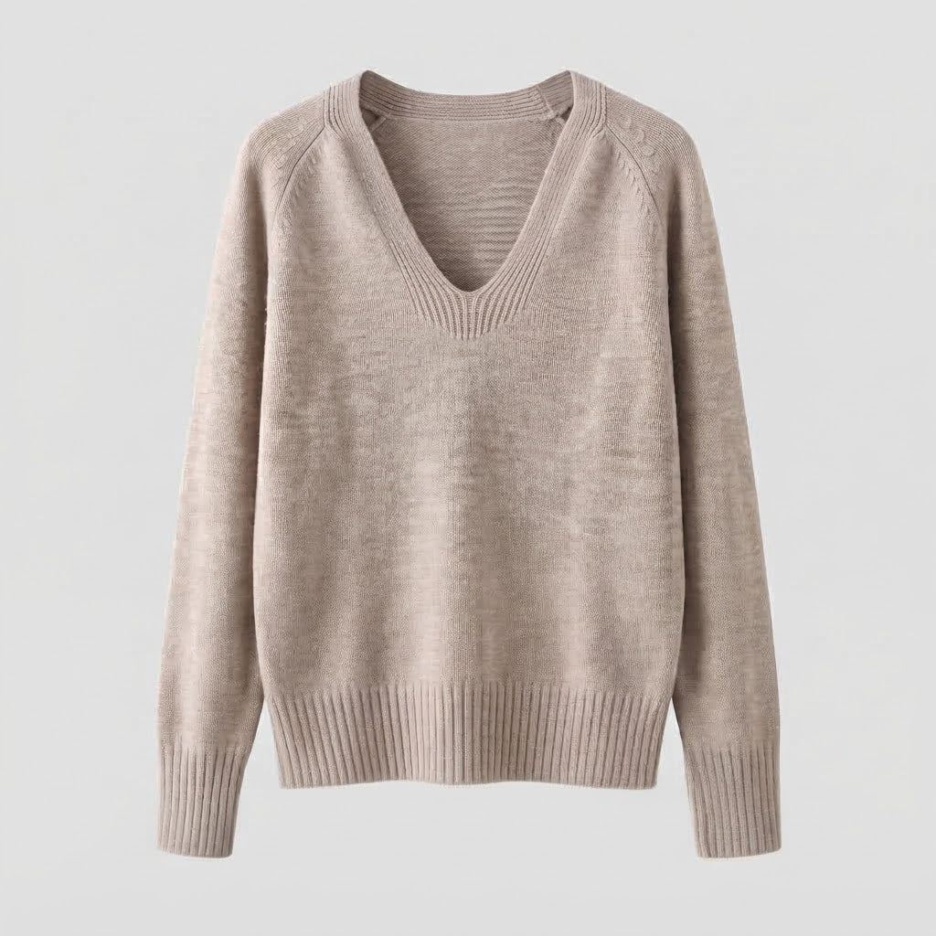 Damen feiner Strickpullover mit weichem V-Ausschnitt, leichter Oversized-Silhouette und gerippten Bündchen Drune